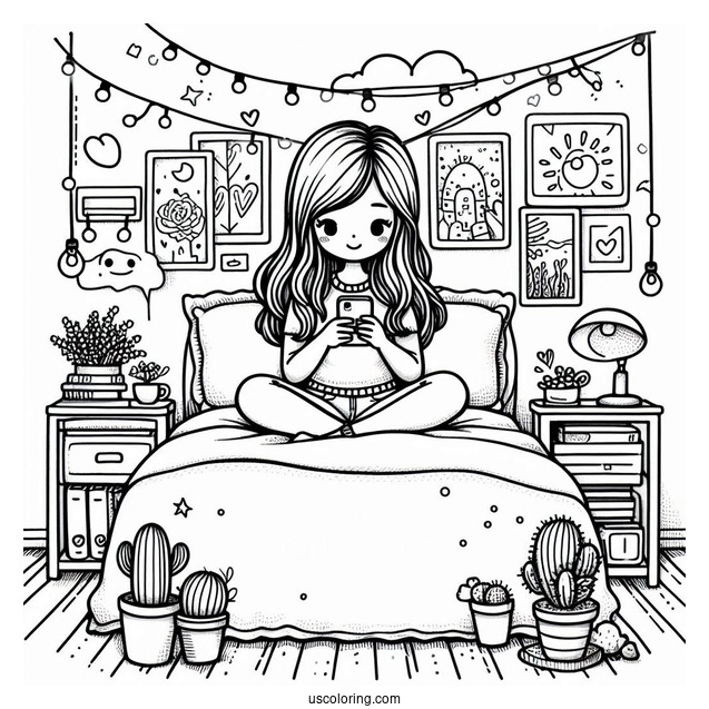 Bedroom Coloring Page Girl Texting On Her Bed Surrounded By Posters And Cactus