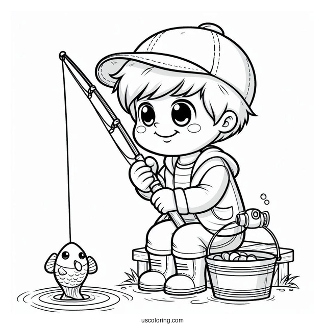 Happy Little Boy Fishing Coloring Page