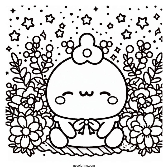 Cute Coloring Page Of Pompompurin Surrounded By Flowers And Stars