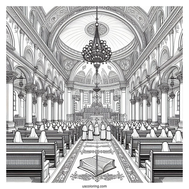 Detailed Interior Of A Catholic Church Coloring Page