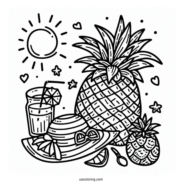 Tropical Pineapple Coloring Page Wearing a Sun Hat For Kids
