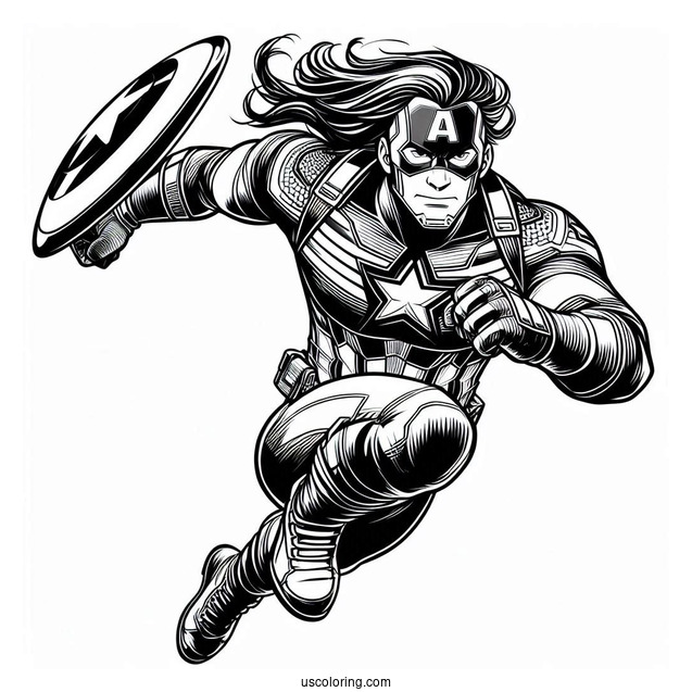 Captain America Leaping Through The Air To Color