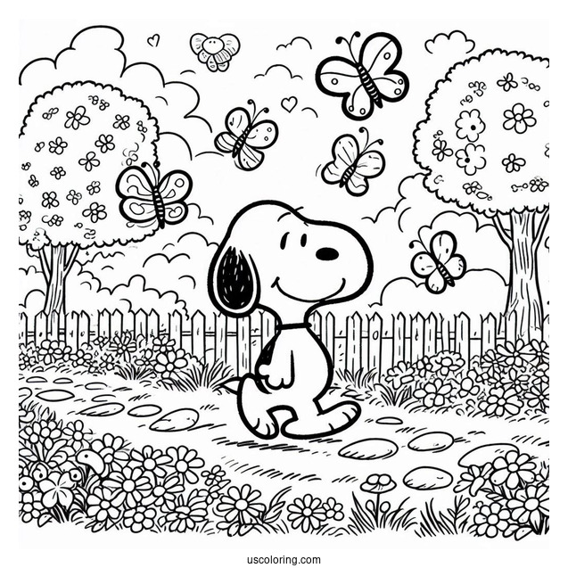 Snoopy Walking In Park With Butterflies