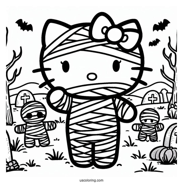 Hello Kitty Mummy Coloring Page In The Cemetery For Kids