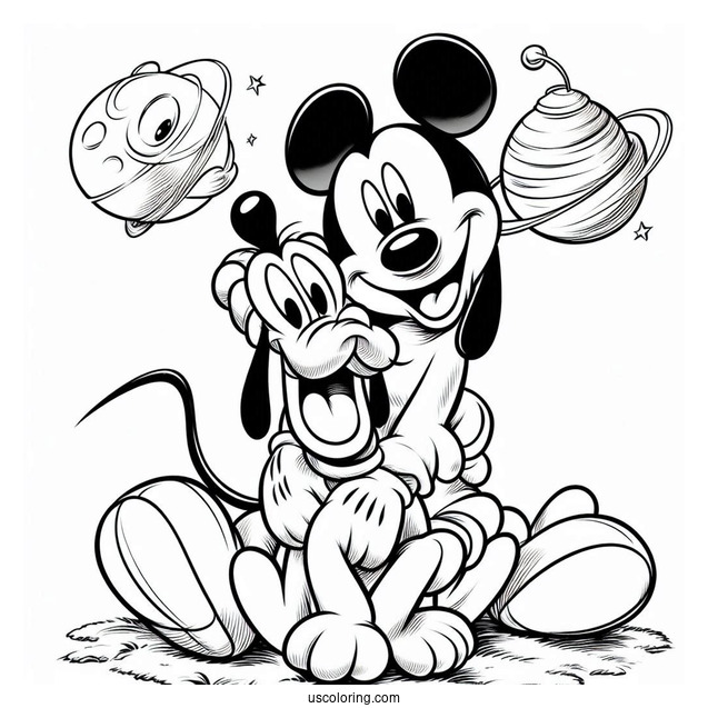 Mickey Mouse Hugging Pluto Coloring Page With Goofy In The Back