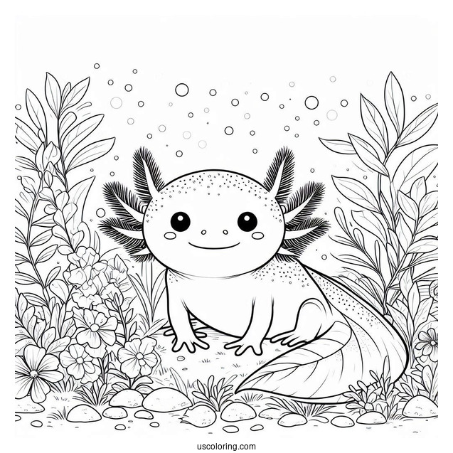 Shy Axolotl Coloring Page Hovering Above Flowers And Leaves