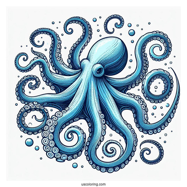 Blue Ring Octopus Coloring Page With Detailed Tentacles In Nautical Background
