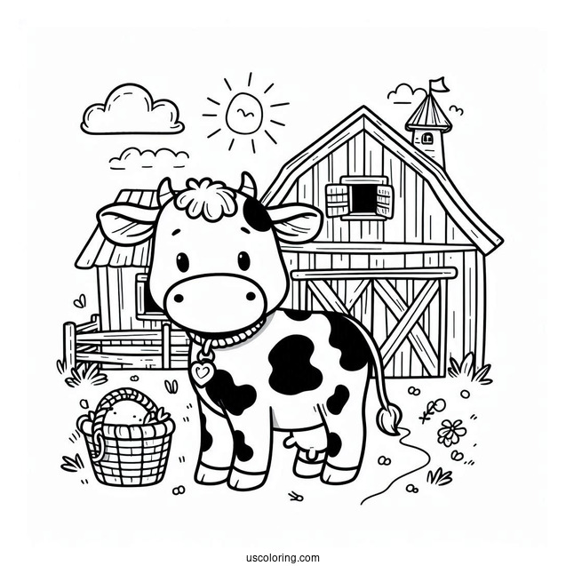 Coloring Sheet Of Cow On a Farm