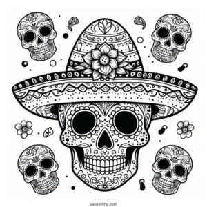 Grinning Sugar Skulls Coloring Page Wearing A Sombrero