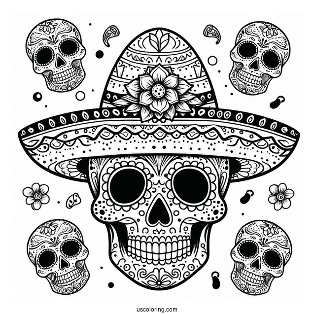 Grinning Sugar Skulls Coloring Page Wearing A Sombrero