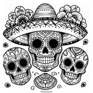 Grinning Sugar Skulls Coloring Page Wearing A Sombrero