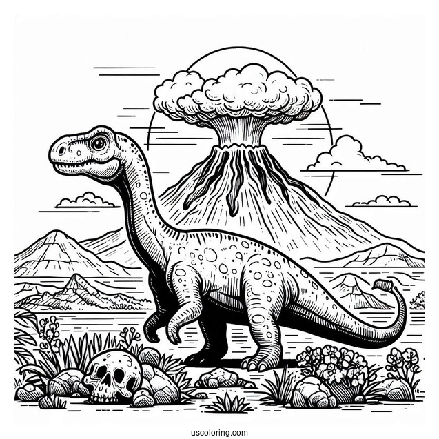 Parasaurolophus Dinosaur With Volcano In The Background