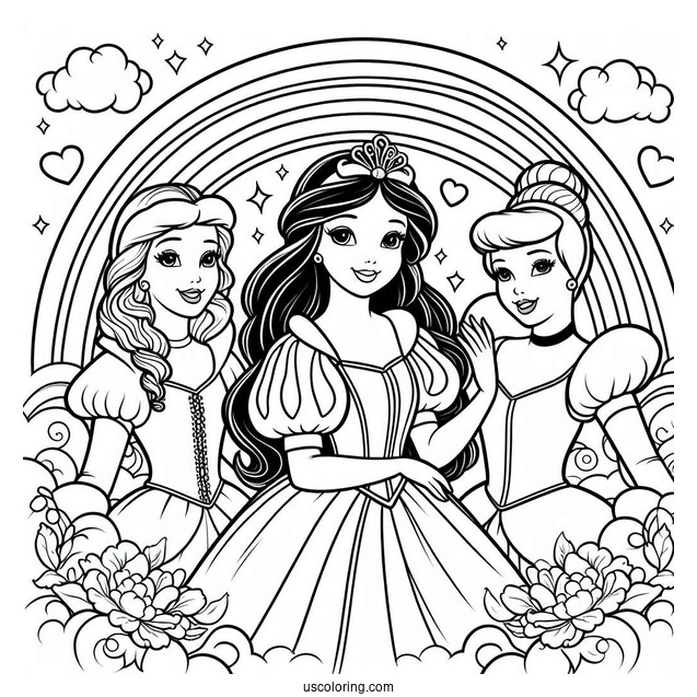 Beautiful Snow White, Cinderella, And Belle In Front Of A Rainbow Coloring Sheet