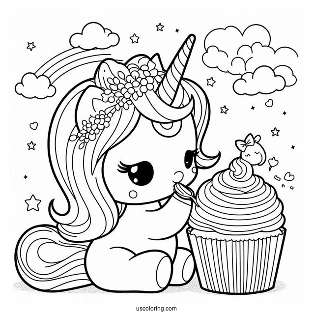Unicorn My Melody Coloring Page Eating Cupcake