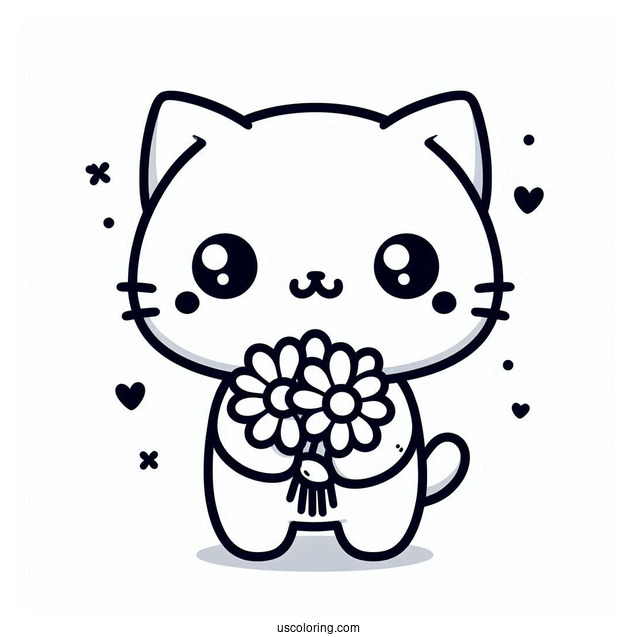 Kawaii Cat Holding A Flower Bouquet Coloring Sheet