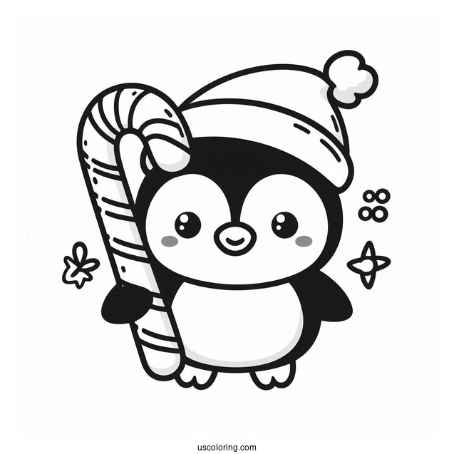 Cute Cartoon Penguin Holding A Candy Cane Coloring Page For Kids