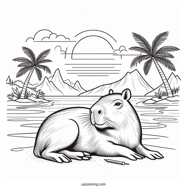 Capybara Coloring Page Sunbathing At Beach