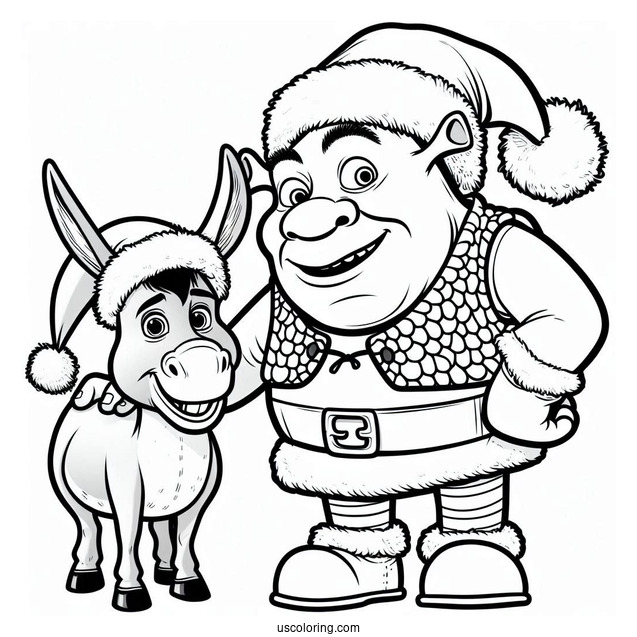 Shrek Dressed As Santa With Donkey Coloring Sheet