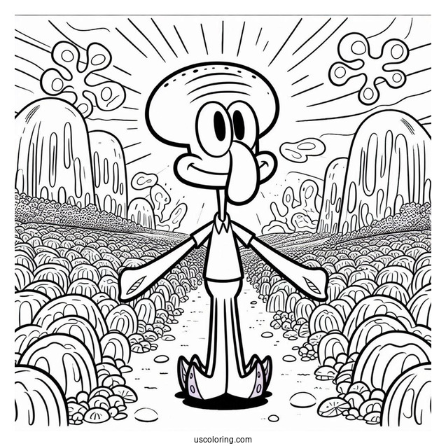 Squidward Coloring Page With Arms On Waist In Front Of Jelly Fields