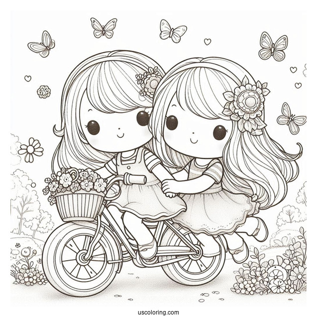 Precious Moments Coloring Page Of Two Girls Riding Bicycle