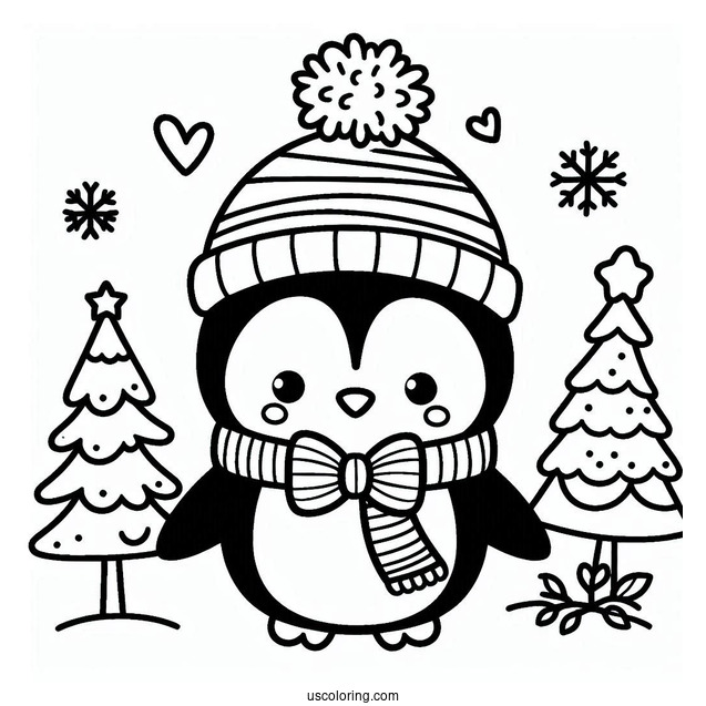 Cute Christmas Inspired Penguin To Color