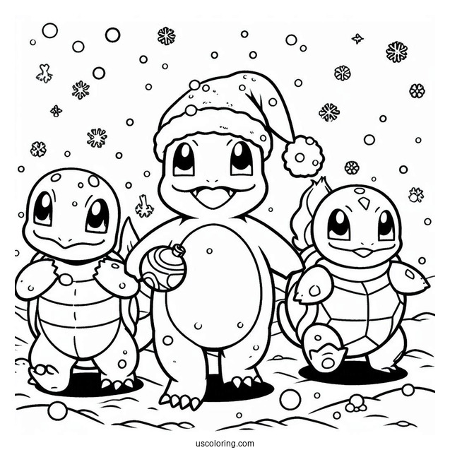 Pokemon Christmas Coloring Page Charmander, Bulbasaur, And Squirtle Walking In The Snow For Kids