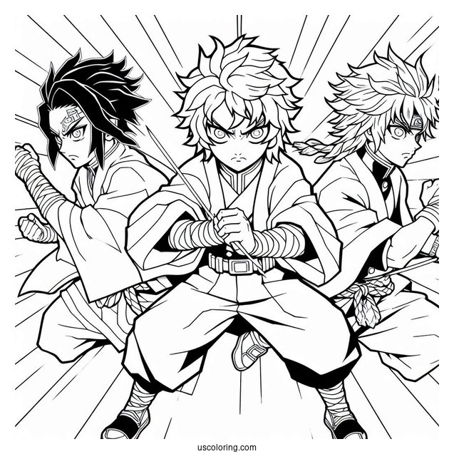 Tanjiro Coloring Page Fighting Alongside Zenitsu Agatsuma And Inosuke Hashibira