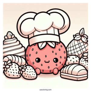 Chef Strawberry Coloring Page In Front Of Pastries
