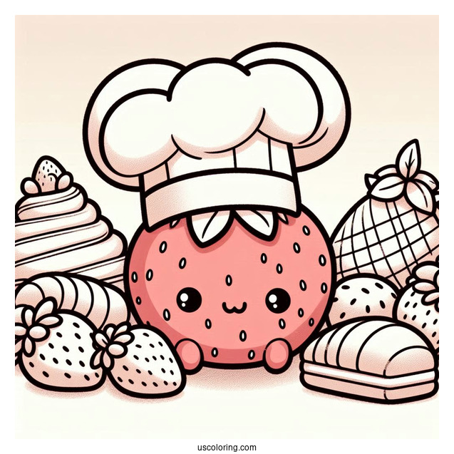 Chef Strawberry Coloring Page In Front Of Pastries