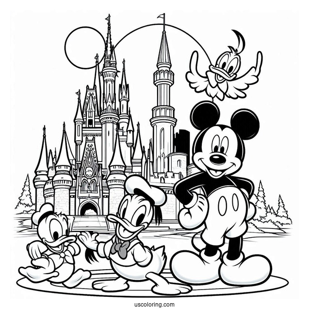 Mickey Mouse And Donald Duck With Pluto Coloring Page Outside Disney Castle