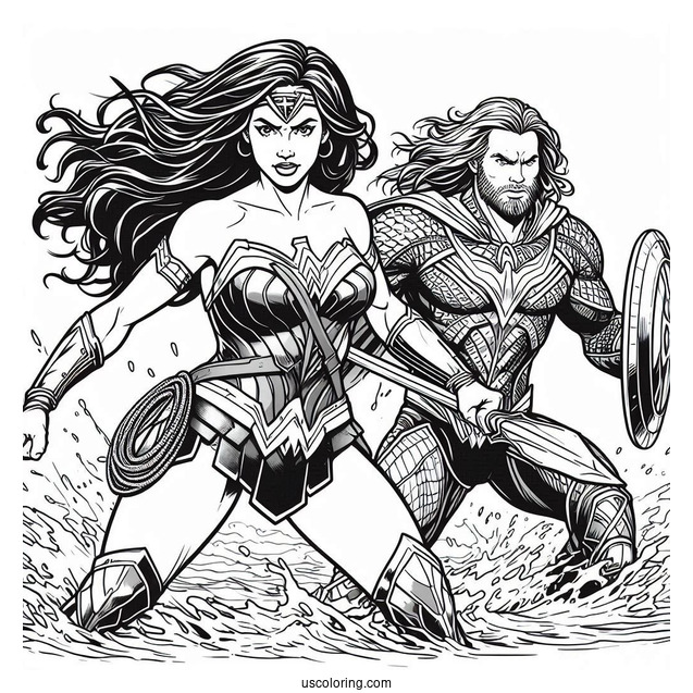 Wonder Woman Fighting Alongside Aquaman Coloring Page