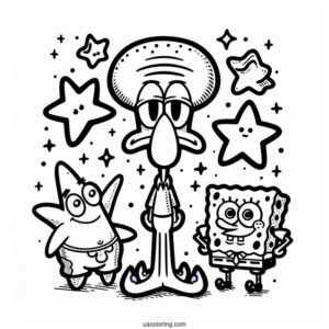 Detailed Squidward Coloring Page With SpongeBob And Patrick Star