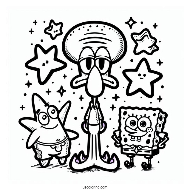 Detailed Squidward Coloring Page With SpongeBob And Patrick Star