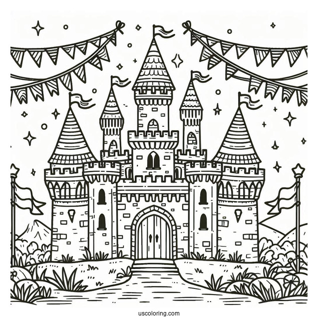 Simple Outline Of Castle Coloring Page With Flags For Kids