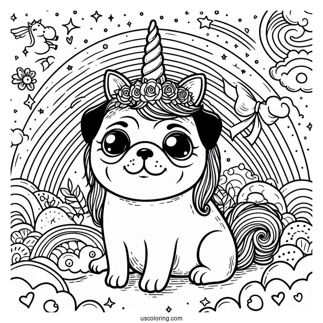 Magical Pug Coloring Page with Unicorn Horn and Rainbow Background