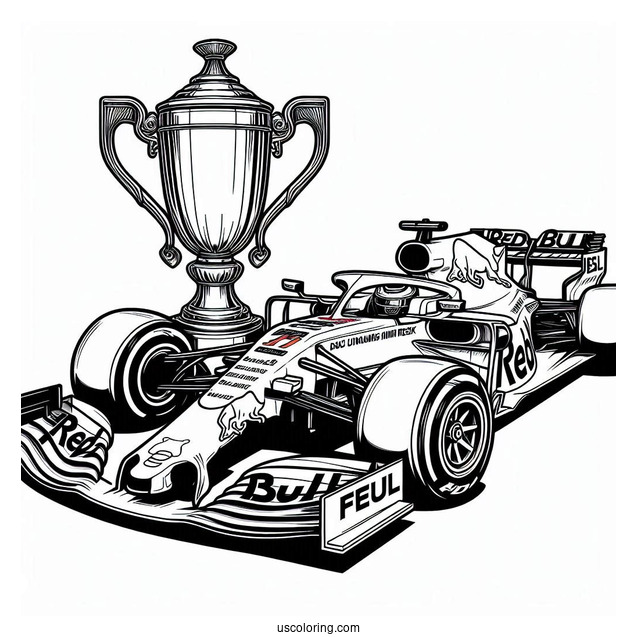 F1 Coloring Page Of Red Bull RB13 Race Car With Trophy In Background