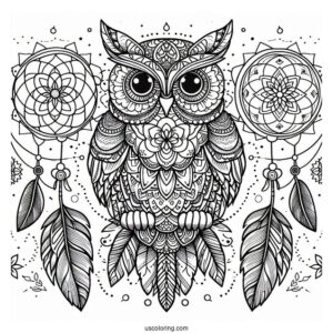 Owl Mandala Dreamcatcher Coloring Page