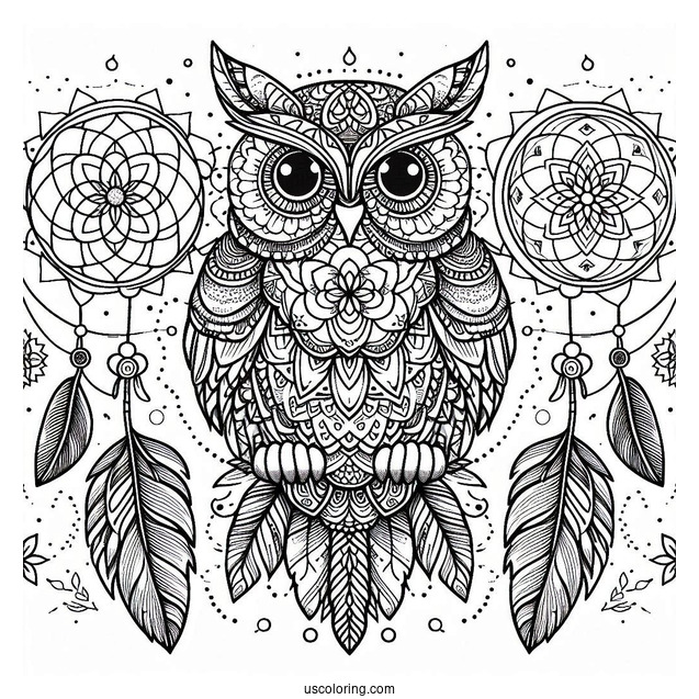 Owl Mandala Dreamcatcher Coloring Page