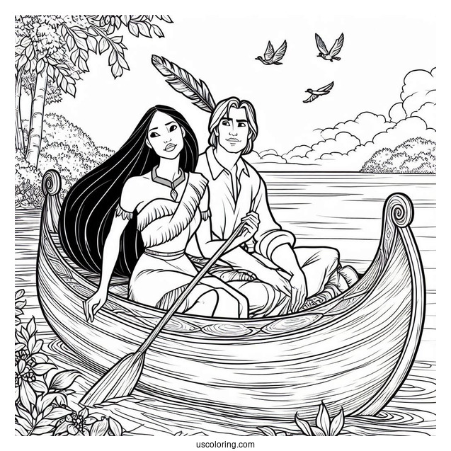 Pocahontas And John Smith On Canoe Coloring In