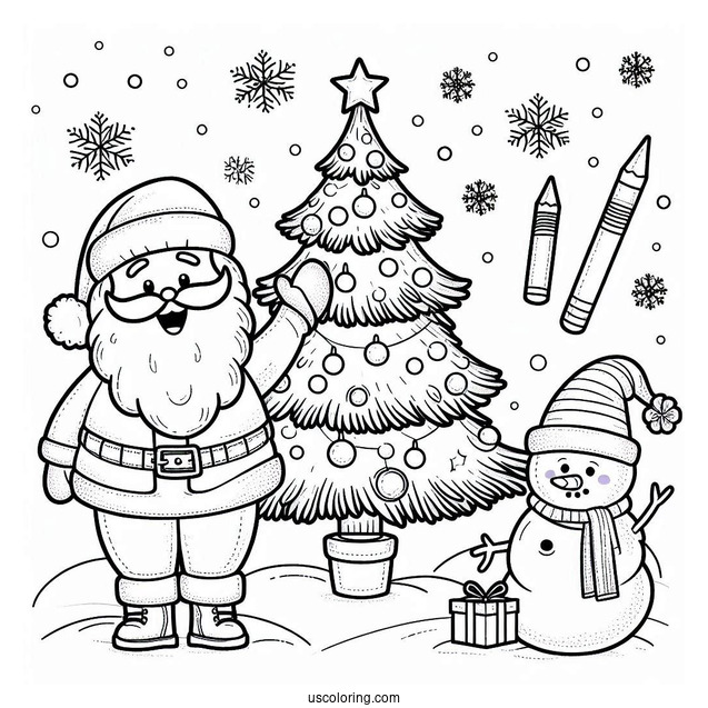 Santa And a Snowman With Christmas Tree