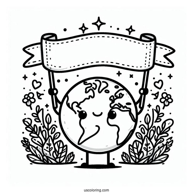 Cartoon Earth Holding Up Earth Day Banner Coloring Page