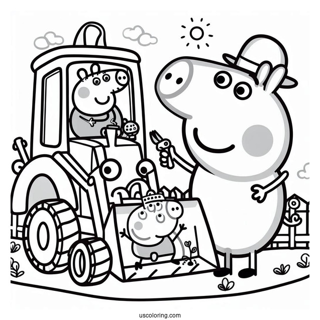 Mr Bull In Digger Being Helped By Peppa And George