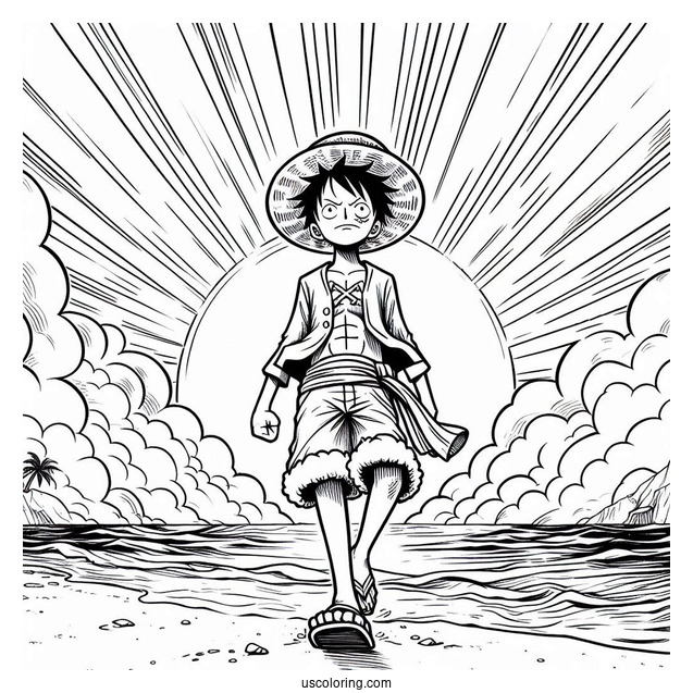 One Piece Coloring Page Of Monkey D. Luffy On Beach