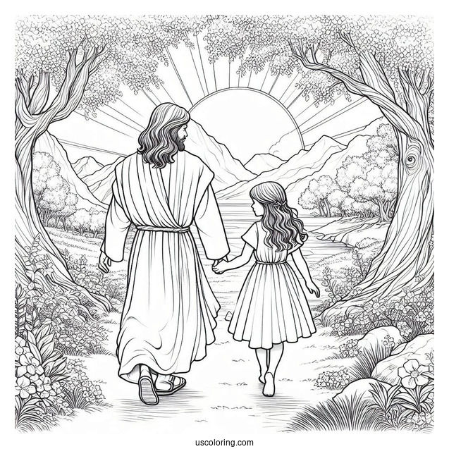 Jesus Coloring Page Walking With A Little Girl In Paradise