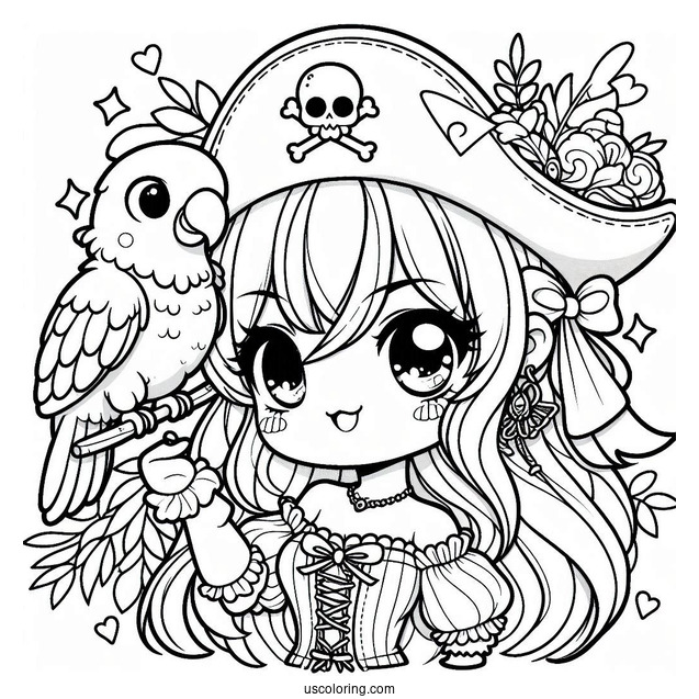 Kawaii Female Pirate Coloring Page With A Parrot For Preschoolers