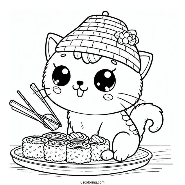 Cat Wearing A Hat While Eating Sushi Coloring Pages