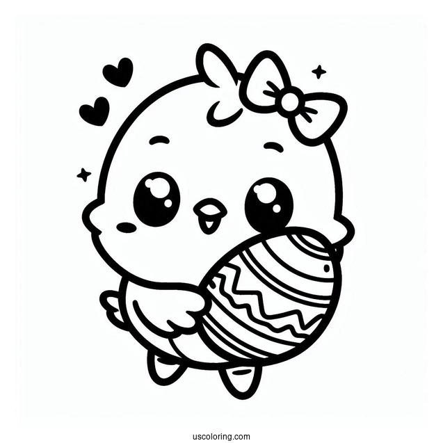 Easter Coloring Page Of Kawaii Chick Holding Easter Egg For Preschoolers
