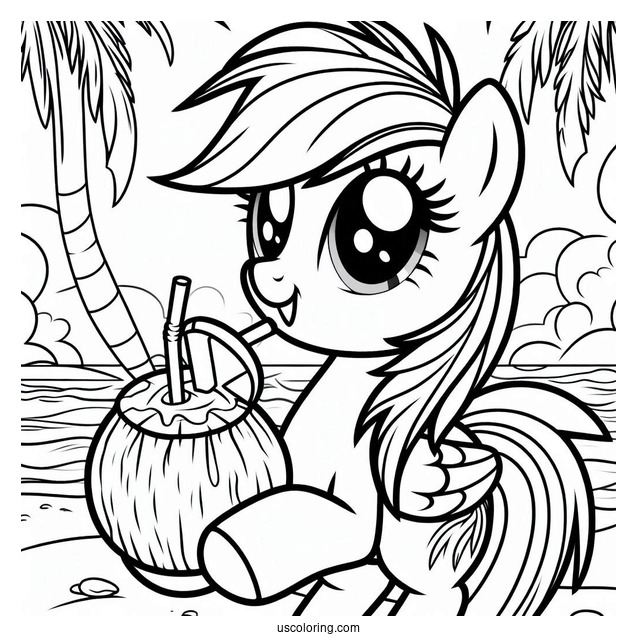 Rainbow Dash Coloring Page Holding Up Coconut Drink At The Beach