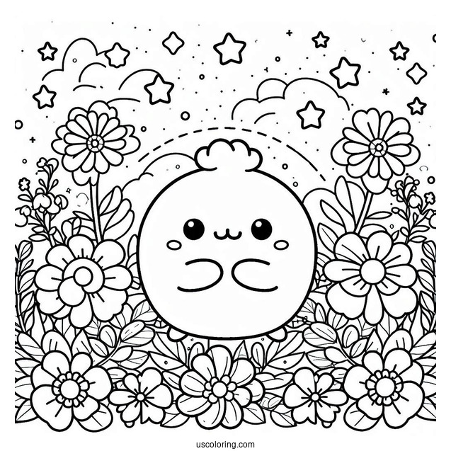 Cute Coloring Page Of Pompompurin Surrounded By Flowers And Stars