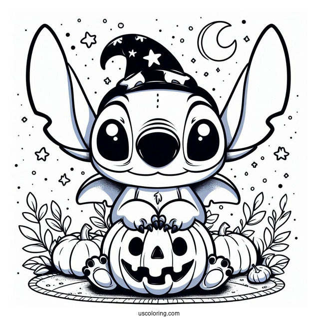 Kawaii Halloween Themed Stitch With Pumpkin To Color